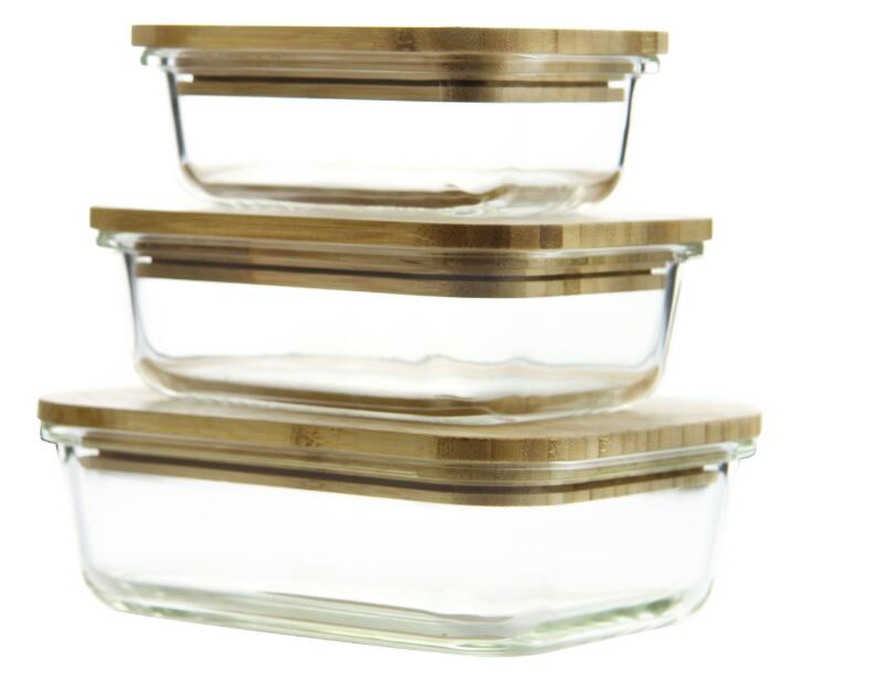 Hot selling hand made high borosilicate Rectangle glass food container for home using with bamboo lid and clip EU standard Dishwasher safe