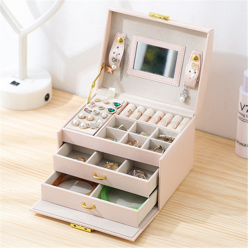 Travel Portable Anti Dust Three Layers Solid PU Leather Jewelry Box with Mirror