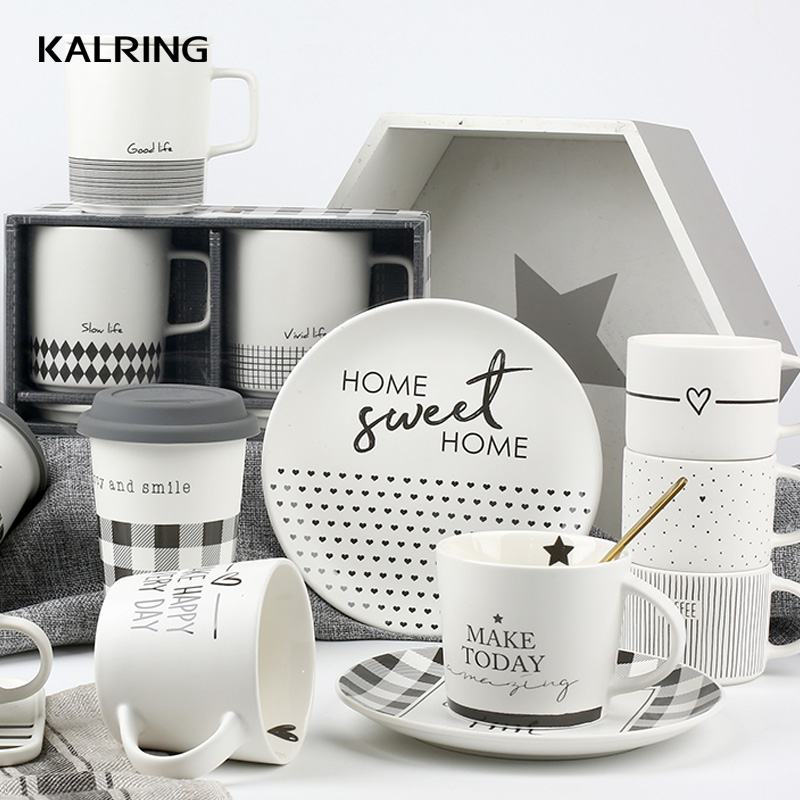 New Bone China mug and bowl with decal Matte grey grid series