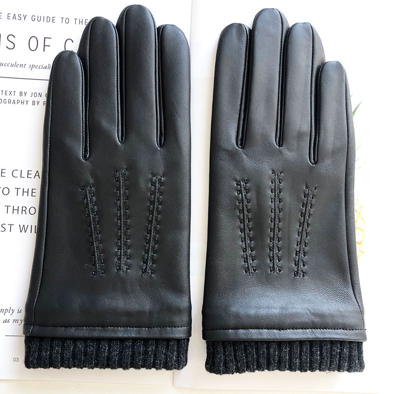 Sell well mens winter thick quilted plain style fashion genuine sheepskin leather gloves