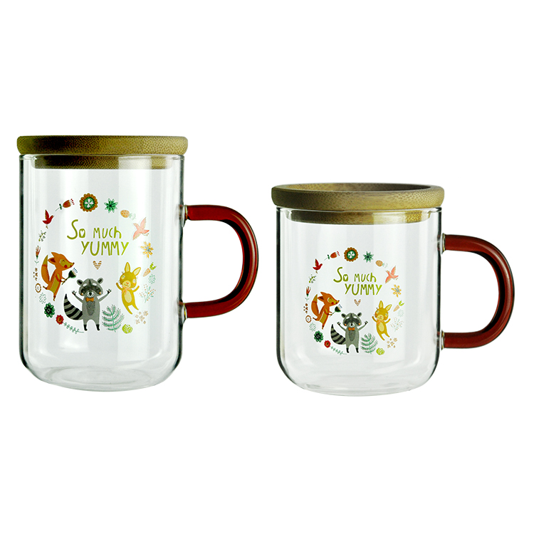 Color handled borosilicate glass mug with baboo lid and decal, Fox and rabbit, stackable
