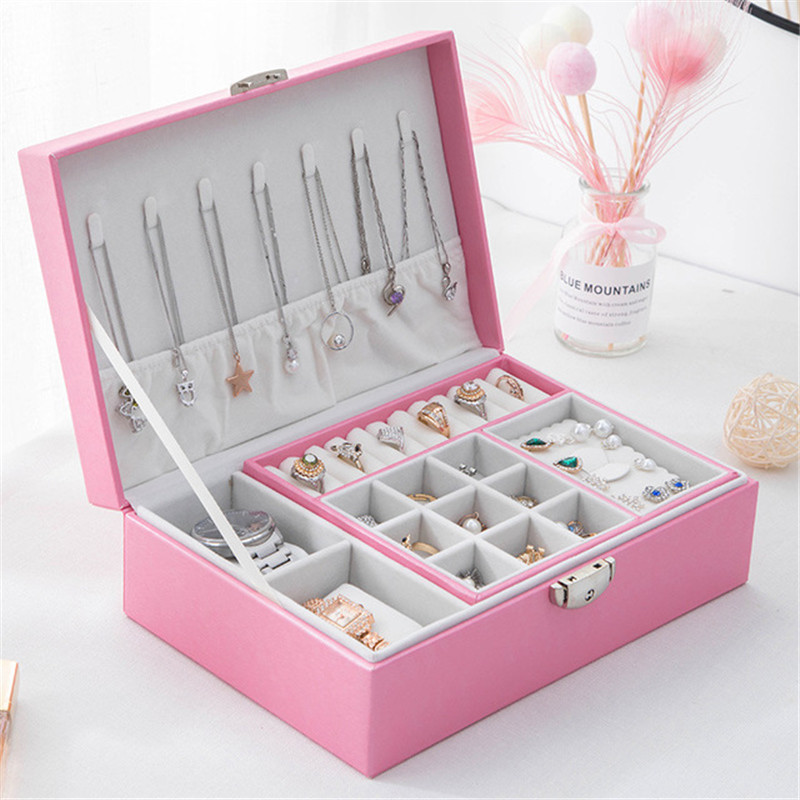 Large Capacity Portable Anti Dust Double Layers Solid PU Leather Jewelry Case