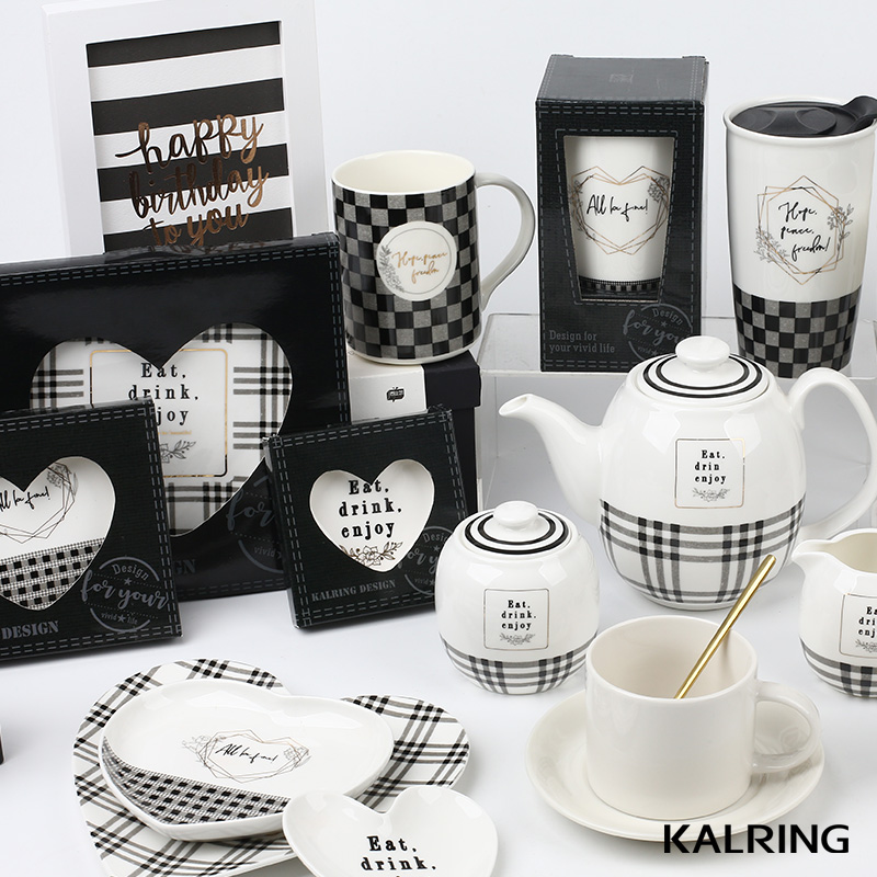 New Bone China mug and set Black and white grid household series