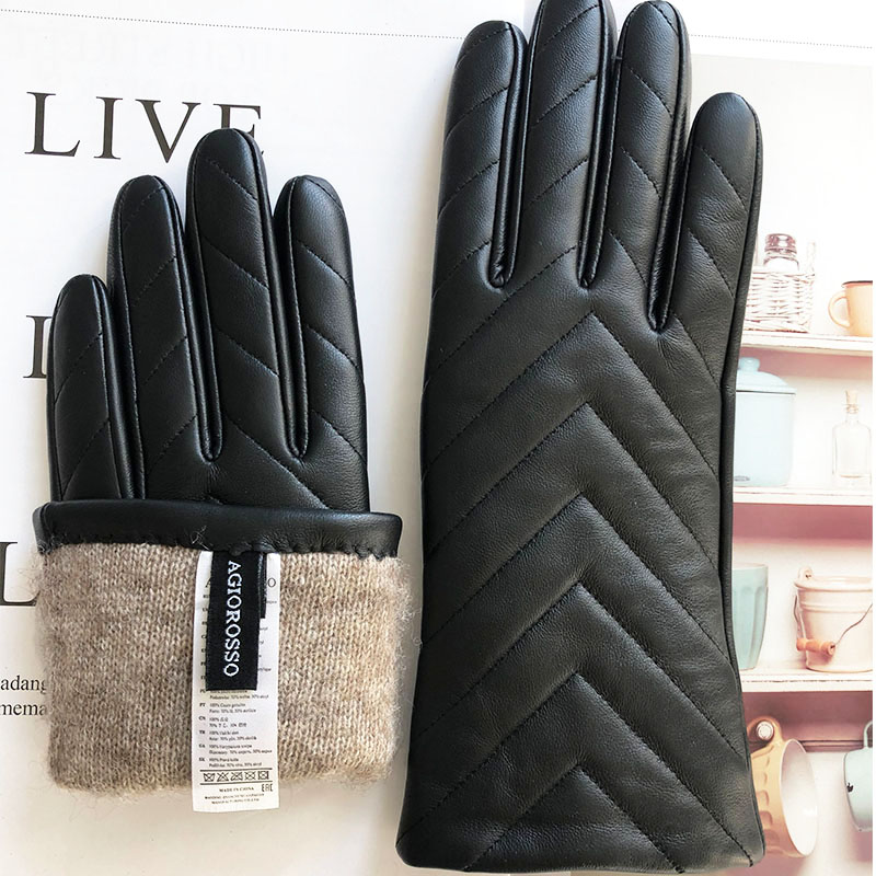 low price winter sheepskin gloves touch screen leather with wool / cashmere lining for women