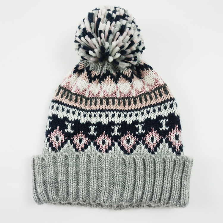 Ladies jacquard beanie with pompom