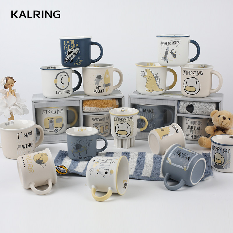 New bone china mug with matte color glaze with cartoon design for supermarket