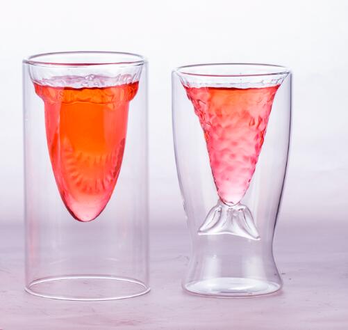 Inner Shark and Fishtail Shape High borosilicate double wall glass cup for home decor with dishwasher safe Eco Friendly
