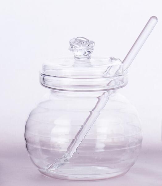 Best Seller mouth blown high borosilicate glass honey jar for home using with glass spoon EU standard Dishwasher Safe