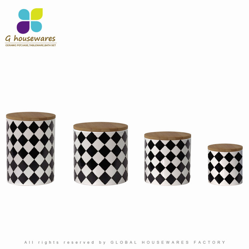 Ceramic storage tank black and white pattern lattice seal tank seasoning tank 3 sets