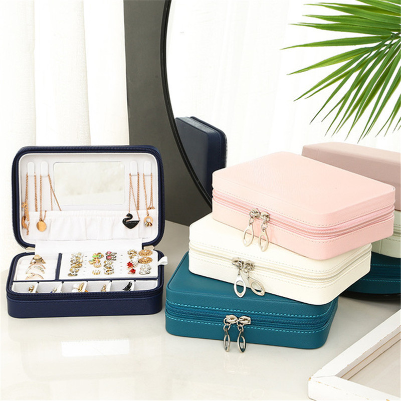 South Korea Travel Portable Anti Dust Solid PU Leather Jewelry Box with Mirror