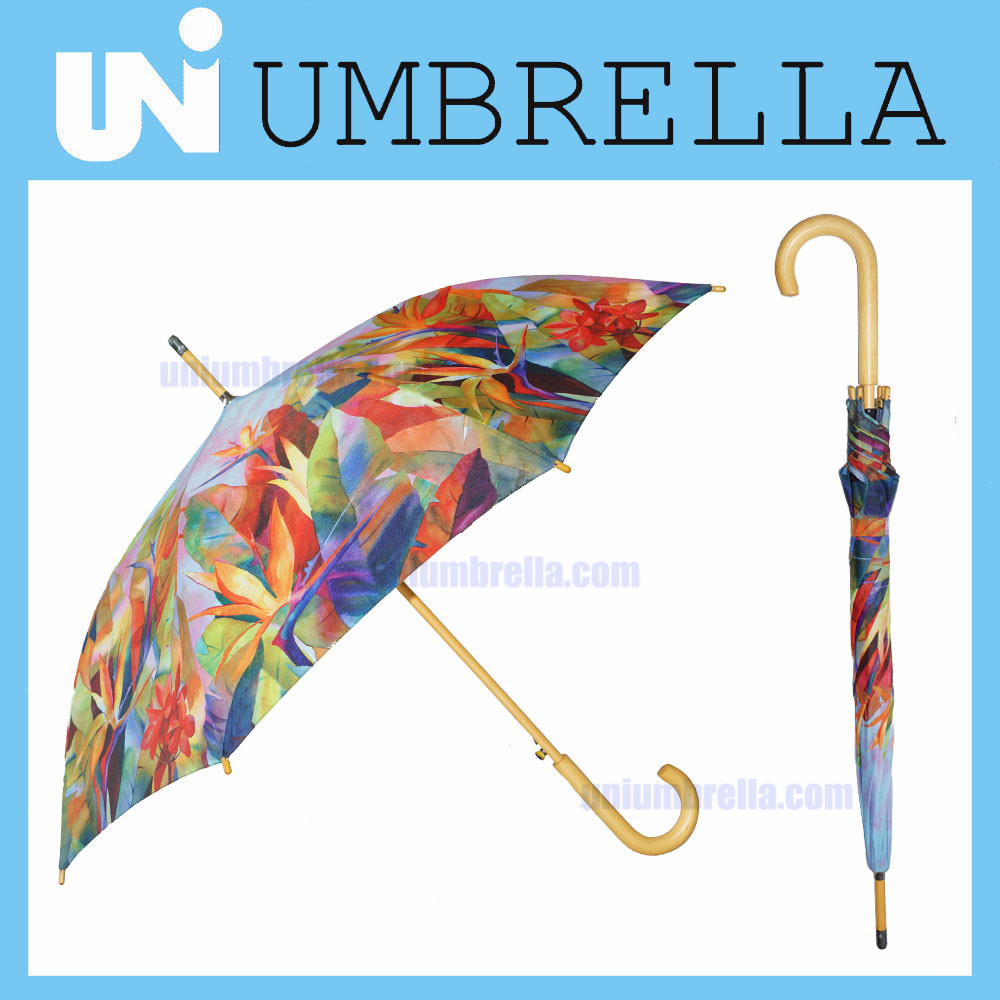 UNI0122stick auto open wooden umbrella with Landscape designs