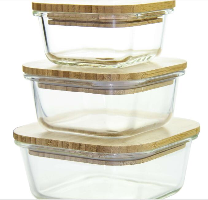 Hot selling hand made high borosilicate glass food container for home using with bamboo lid and clip EU standard Dishwasher safe