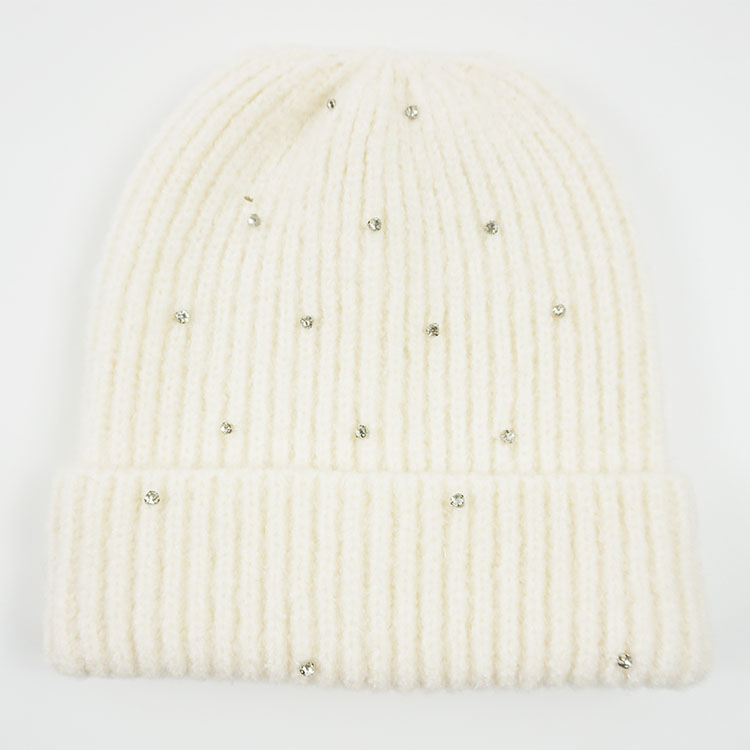 Ladies rib knitted beanie with gems