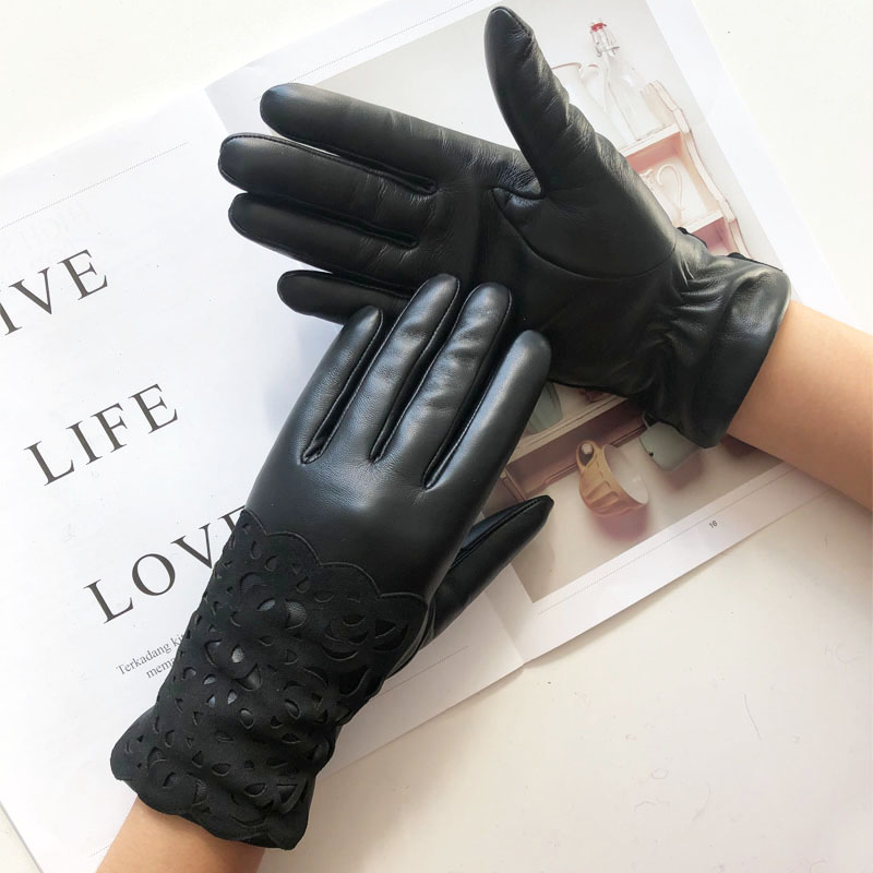 Women's winter fashion sheepskin leather gloves with touchscreen