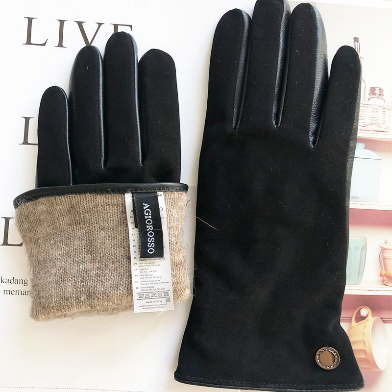 Custom made wholesale high quality winter womens black sheepskin leather gloves