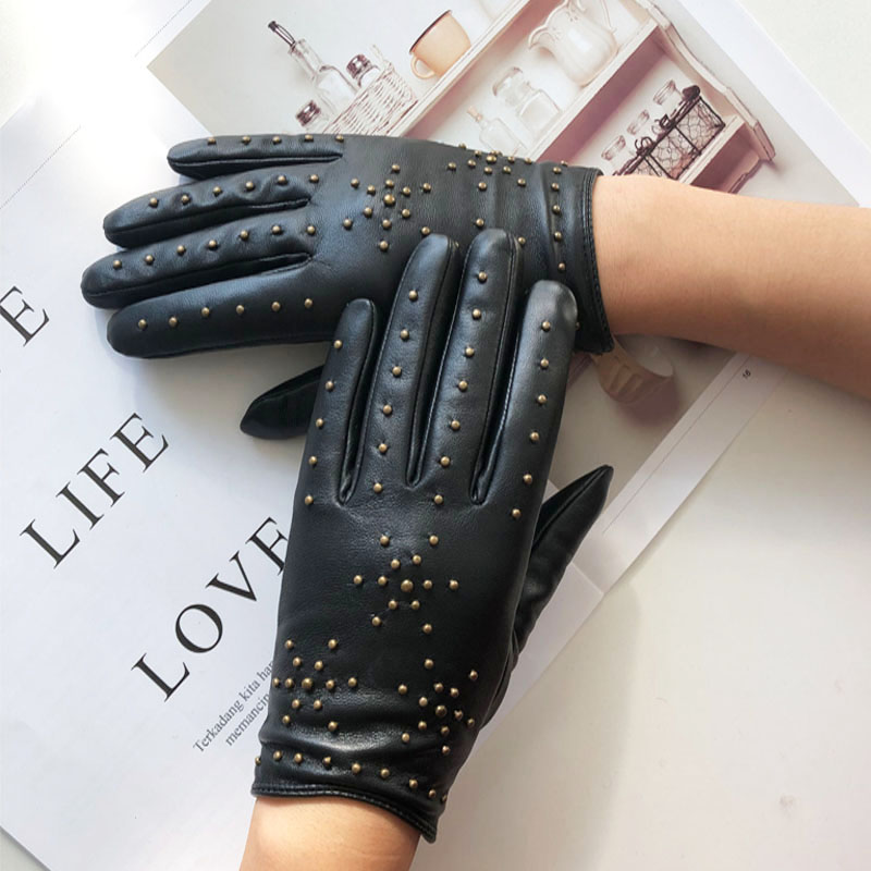 Women's winter fashion sheepskin leather gloves with touchscreen