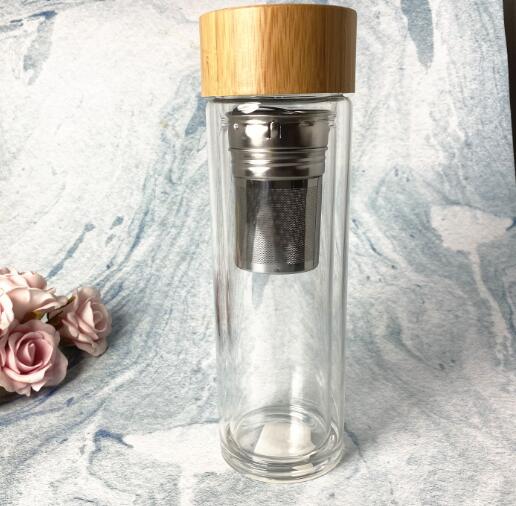 Best seller 500ml high borosilicate double wall glass bottle with stainless steel filter and bamboo lid for home using EU standard ODM OEM