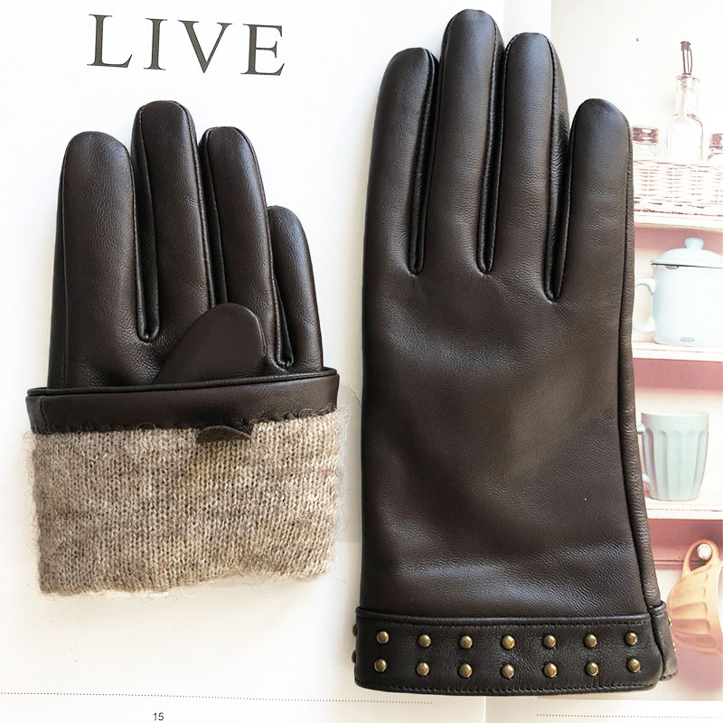 Low price winter sheepskin gloves touch screen leather with wool / cashmere lining for women