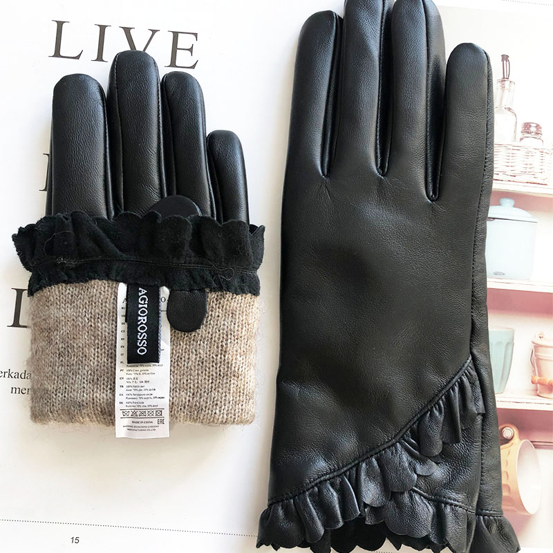 Low price winter sheepskin gloves touch screen leather with wool / cashmere lining for women