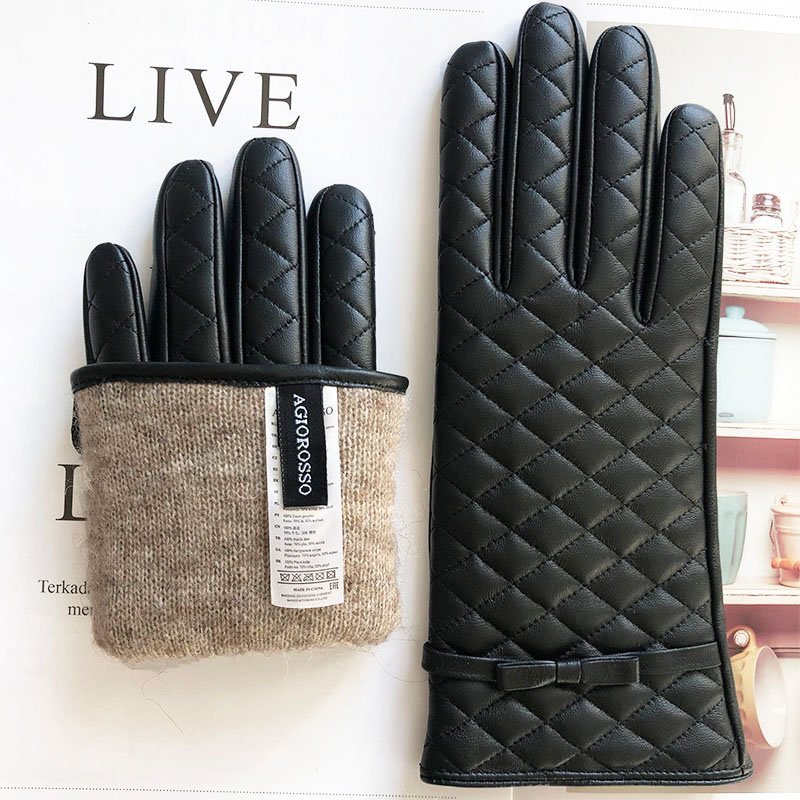 Low price winter sheepskin gloves touch screen leather with wool / cashmere lining for women