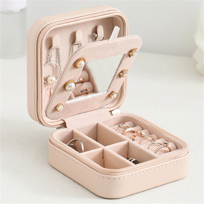 Travel Portable Anti Dust Double Layers Solid PU Leather Jewelry Case with Mirror