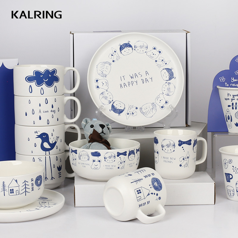 Ceramic children Dinner set with matt glaze with light blue cartoon design