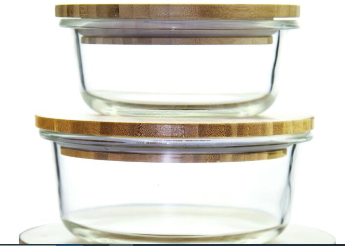 Hot selling hand made high borosilicate Round glass food container for home using with bamboo lid and clip EU standard Dishwasher safe