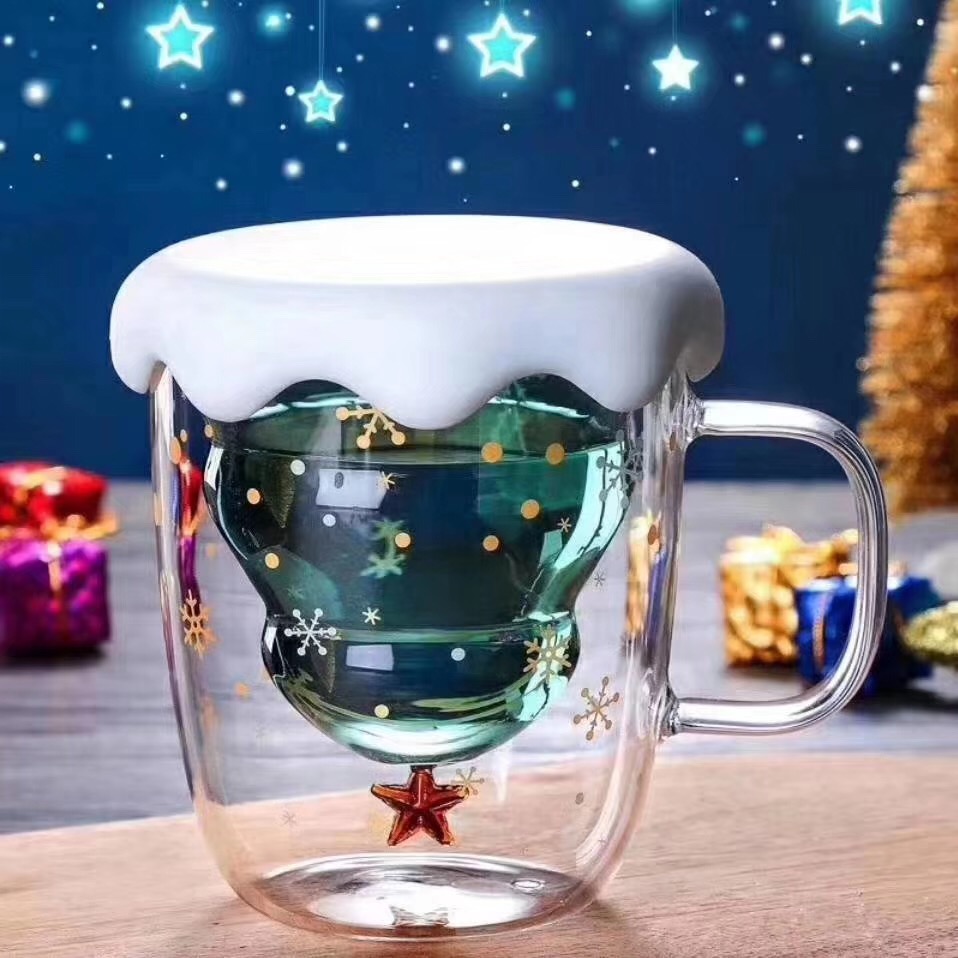 Hot Selling 300ml high borosilicate double wall glass coffee mug for Christmas And New Year Gift Dishwasher Safe EU standard ODM OEM