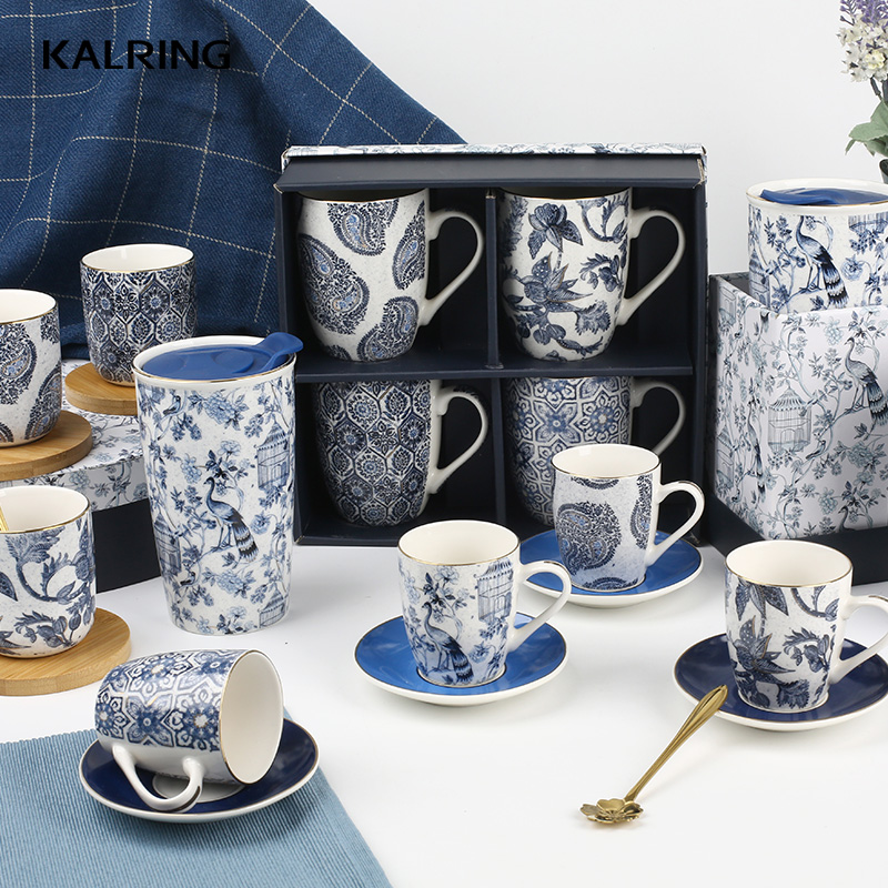 New bone china tableware series with retro sapphire with arabesque design for supermaket