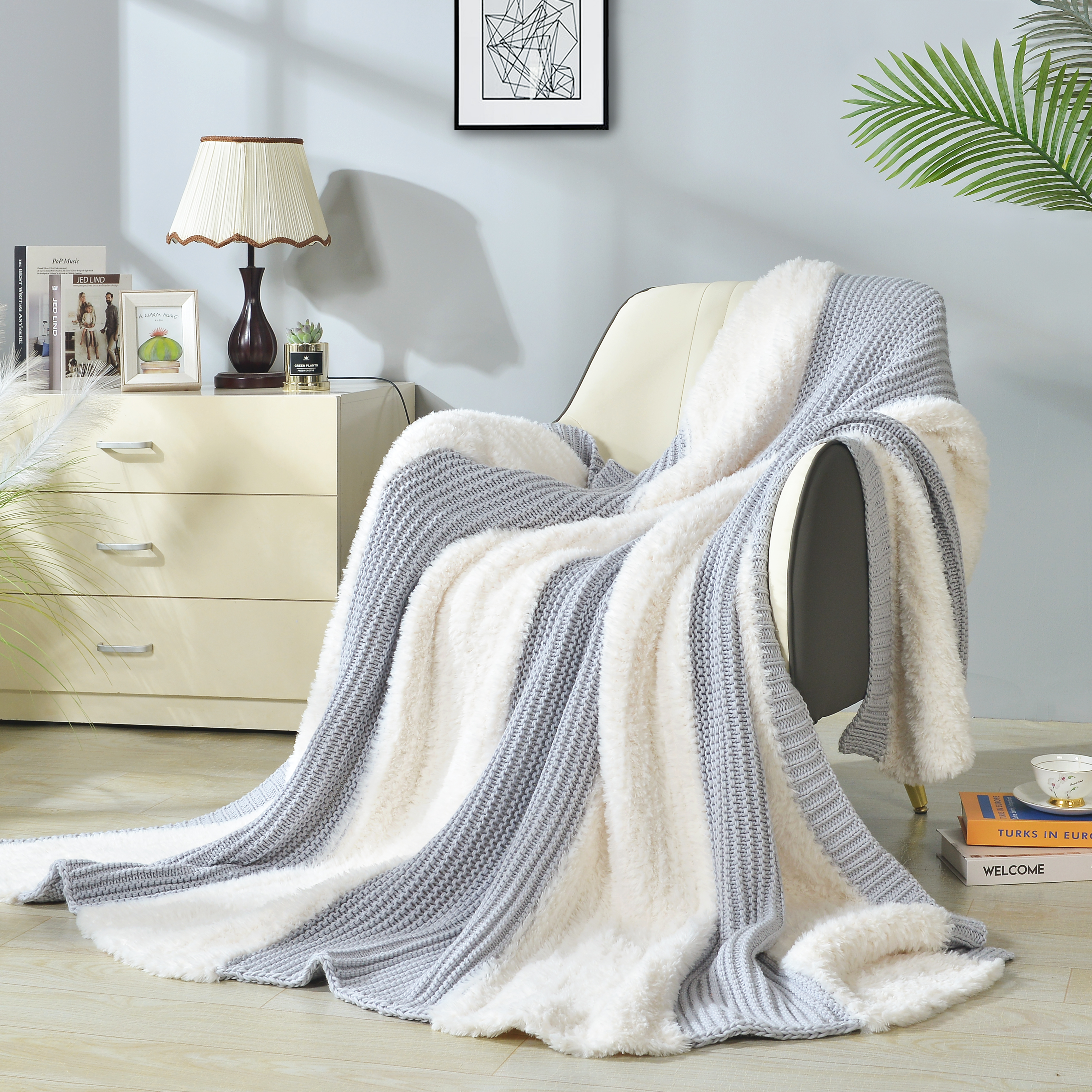 Decosy Faux Knitted Textured Rabbit Fur Throw Blanket