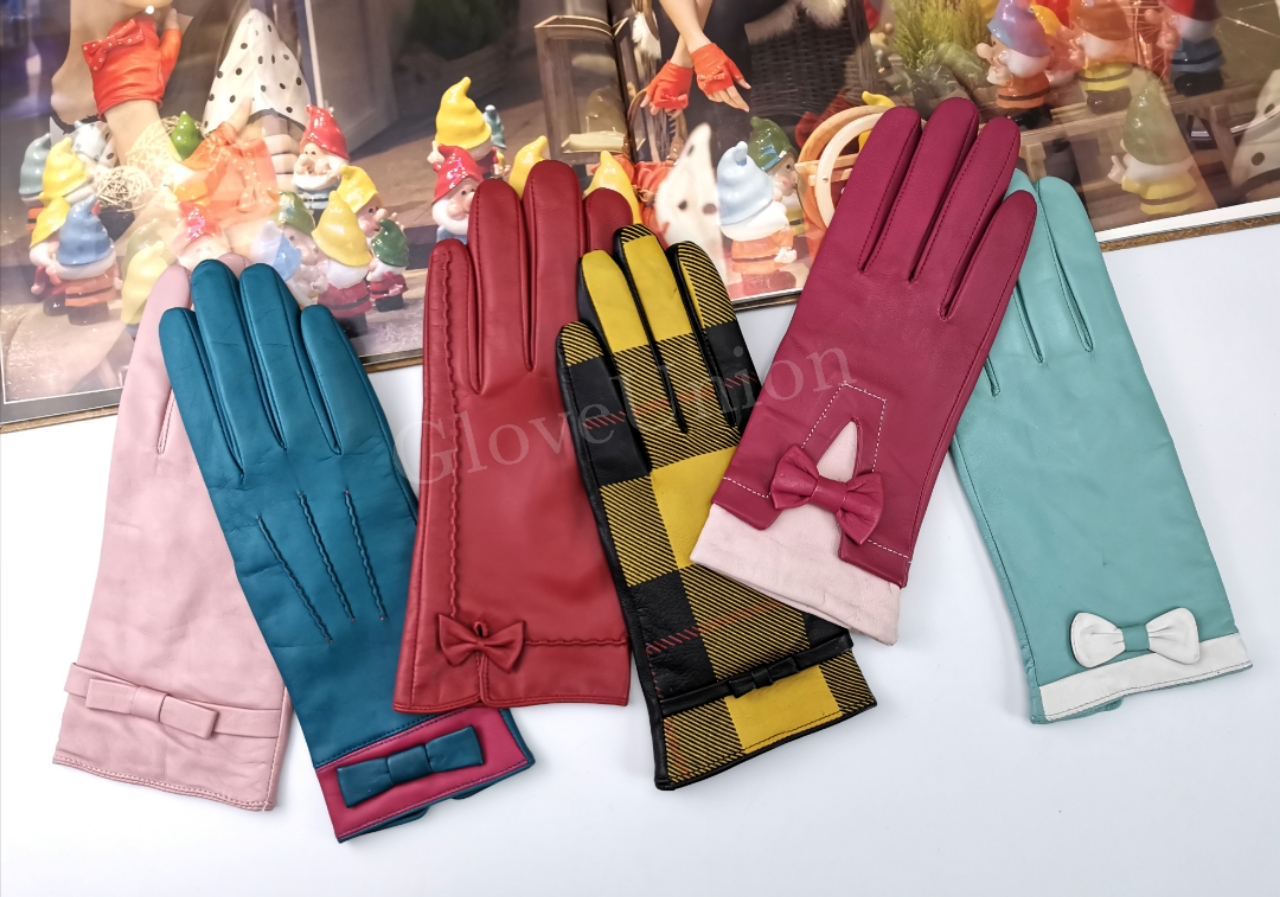 Ladies' color-contrast sheepskin leather glove with bowknot