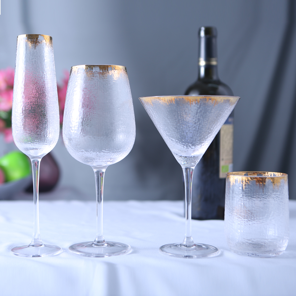 Hammer grain wine glass set with gold rim, wine glass,champagne glass, water glass, tumbler