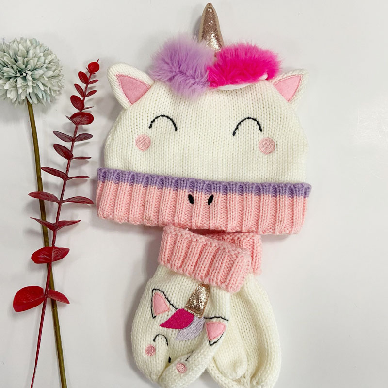 Ys201380 Girls Unicorn Beanie Hat And Mitten Set