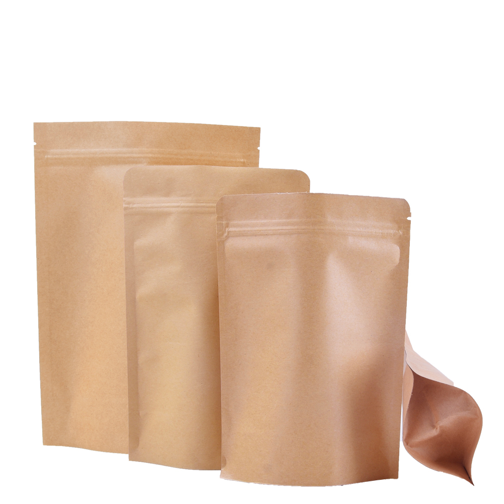 Wholesale Biodegradable Zipper Brown Kraft Paper Bags Tea Food Packaging Stand Up Paper Ziplock Bag