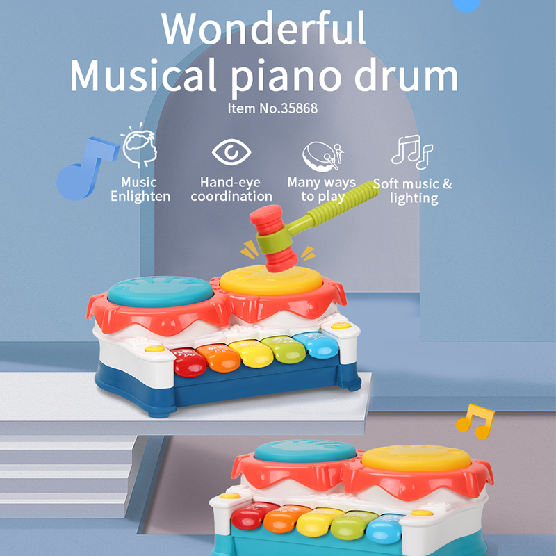 Musical piano drum with a hammer，with music and light