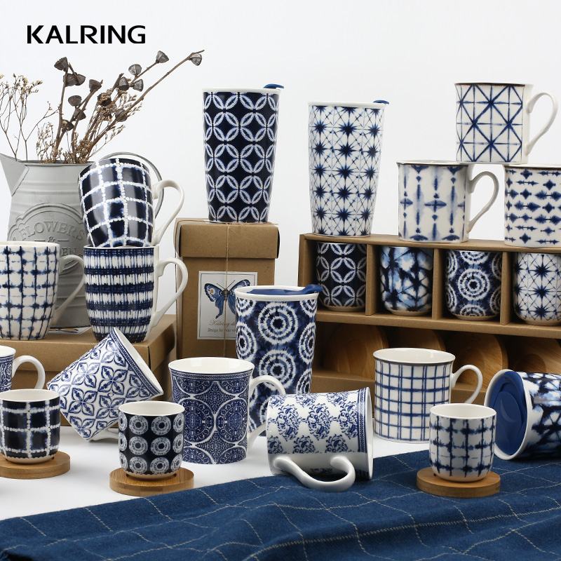 Ceramic mug coffee cup with elegant blue design