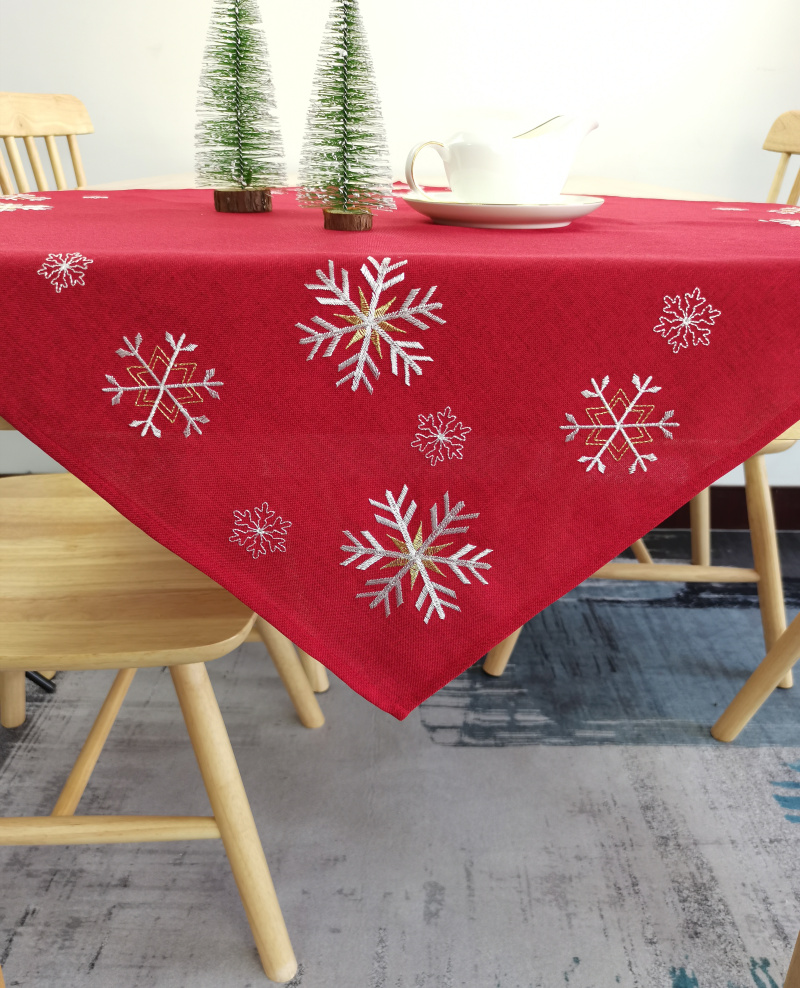 Christmas Snowflakes Red Embroidered Table Cloth