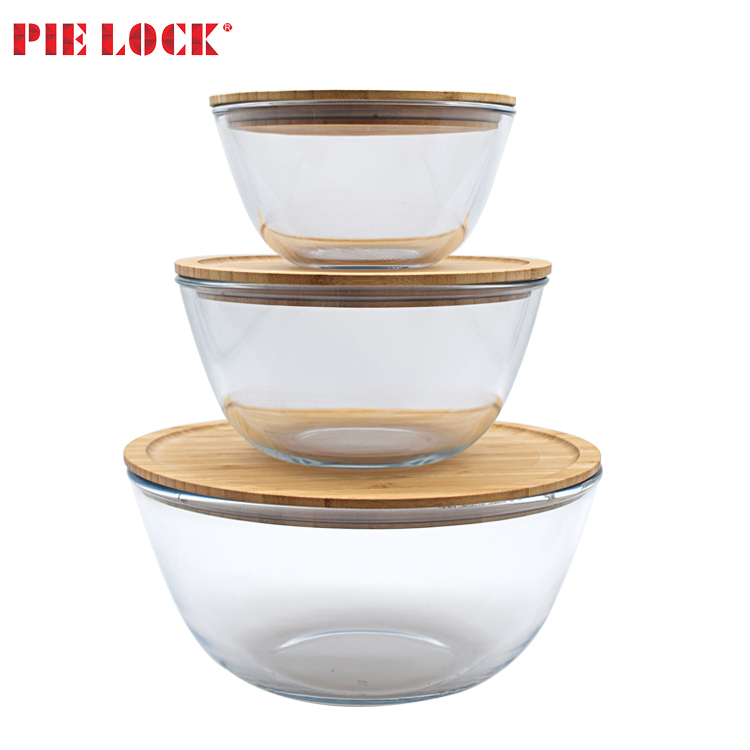 Eco friendly microwave safe oven safe high borosilicate glass salad bowl with bamboo lid