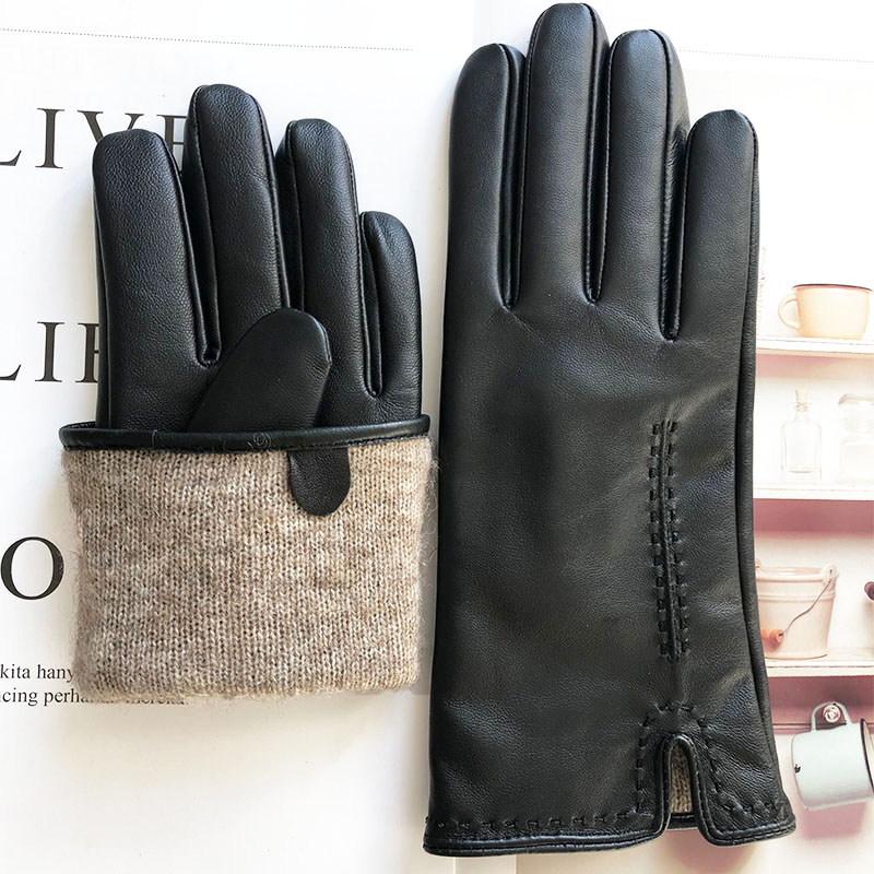 Low price winter sheepskin gloves touch screen leather with wool / cashmere lining for women