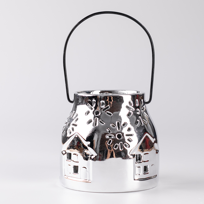 Christmas Silver Plating Ceramic Lantern with House Pattern Tealight Holder & Candle Holder