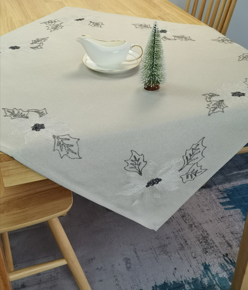 Christmas Poinsettia Holly Leaf Embroidered Table Cloth