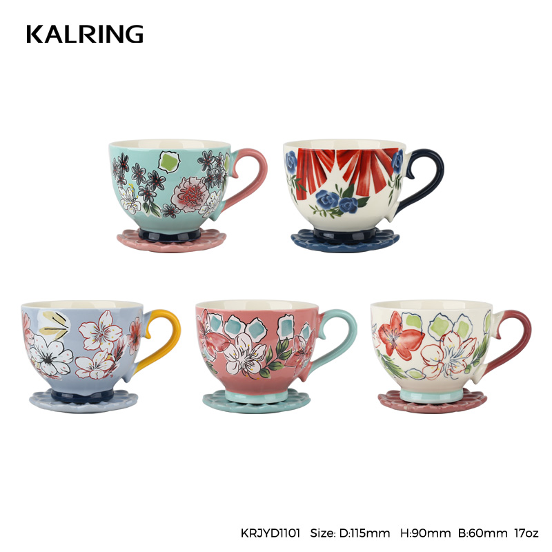 Ceramic mug gift mug cup wit saucer with emboss and flower decal