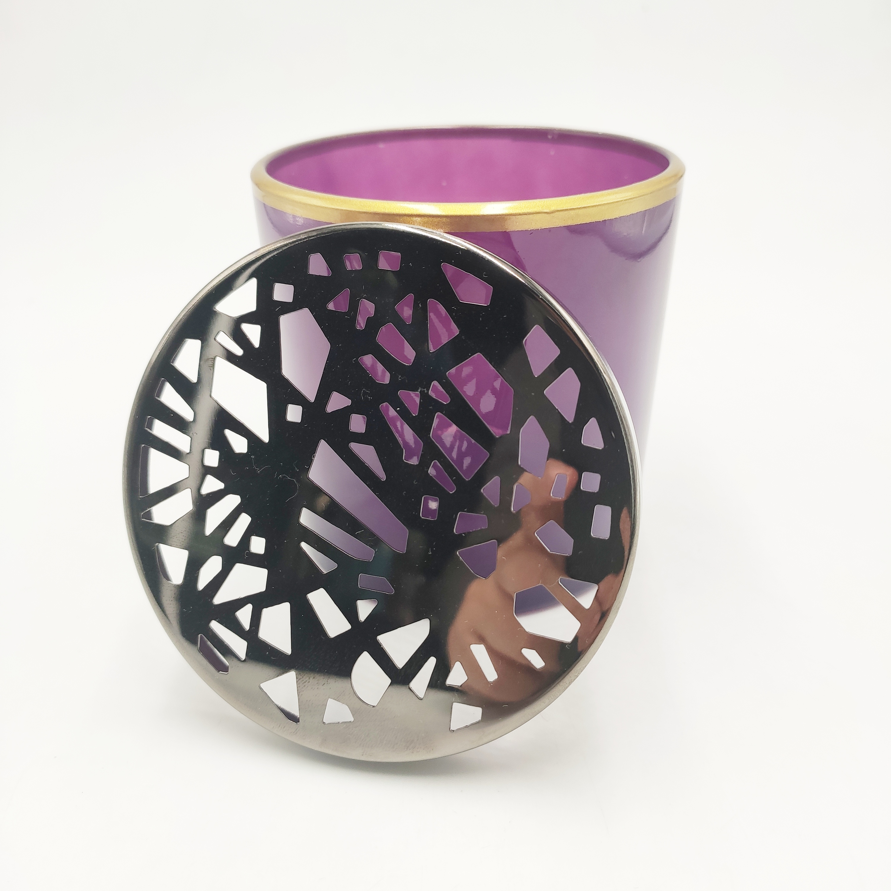 10cm height light dark purple glass candle jar with hollow out design metal lid