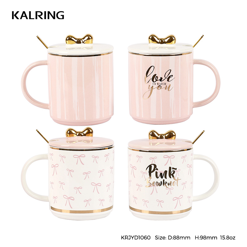 Ceramic cup gift mug with color galze with golden decal with golden cover with spoon
