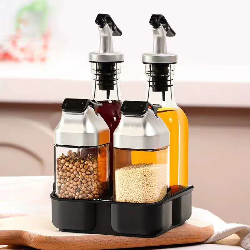 Glass oil / vinegar bottle and pepper / salt jar