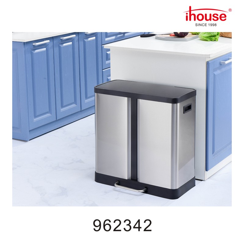 60L （30L+30L）stainless steel 2-compartment pedal recycle bin（matt，soft close lid，fingerprint proof）