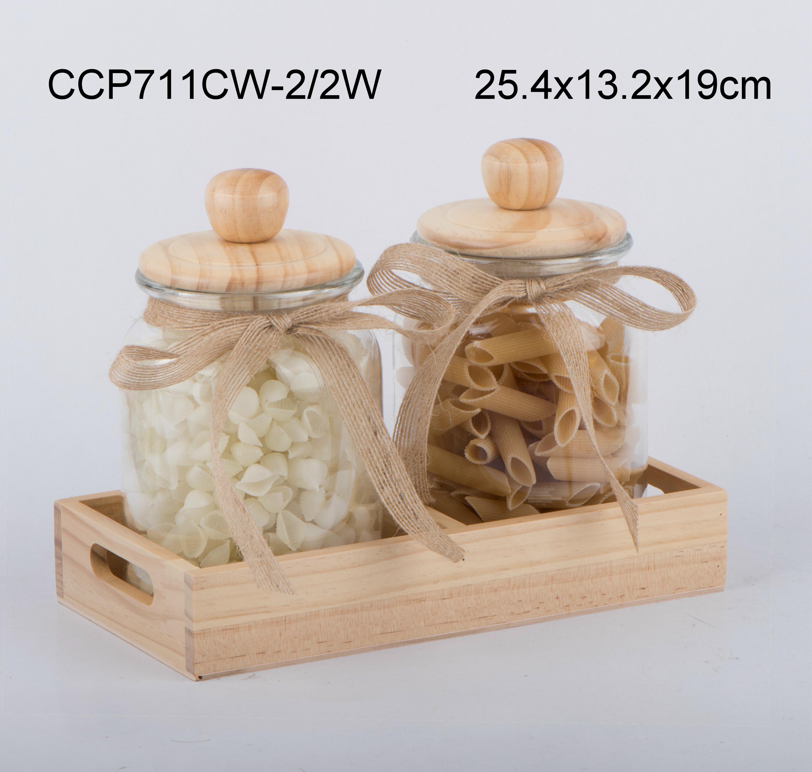 2pcs glass food jar set with wooden lid and rack