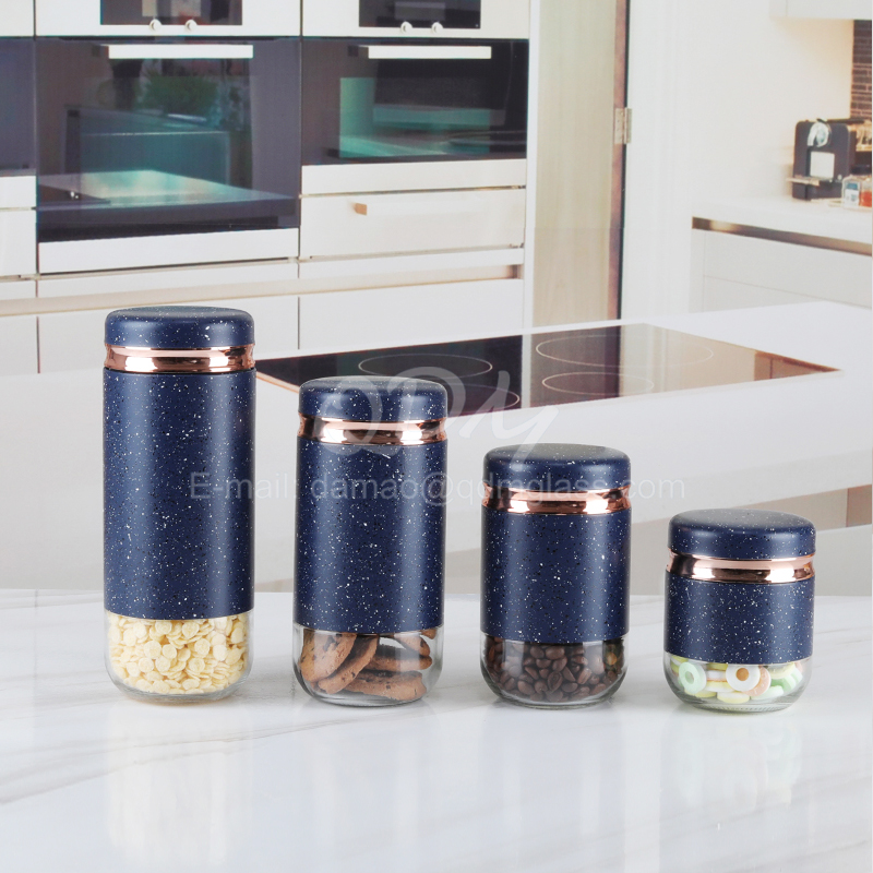 Glass Storage round canister with metal cover in 4pcs set
