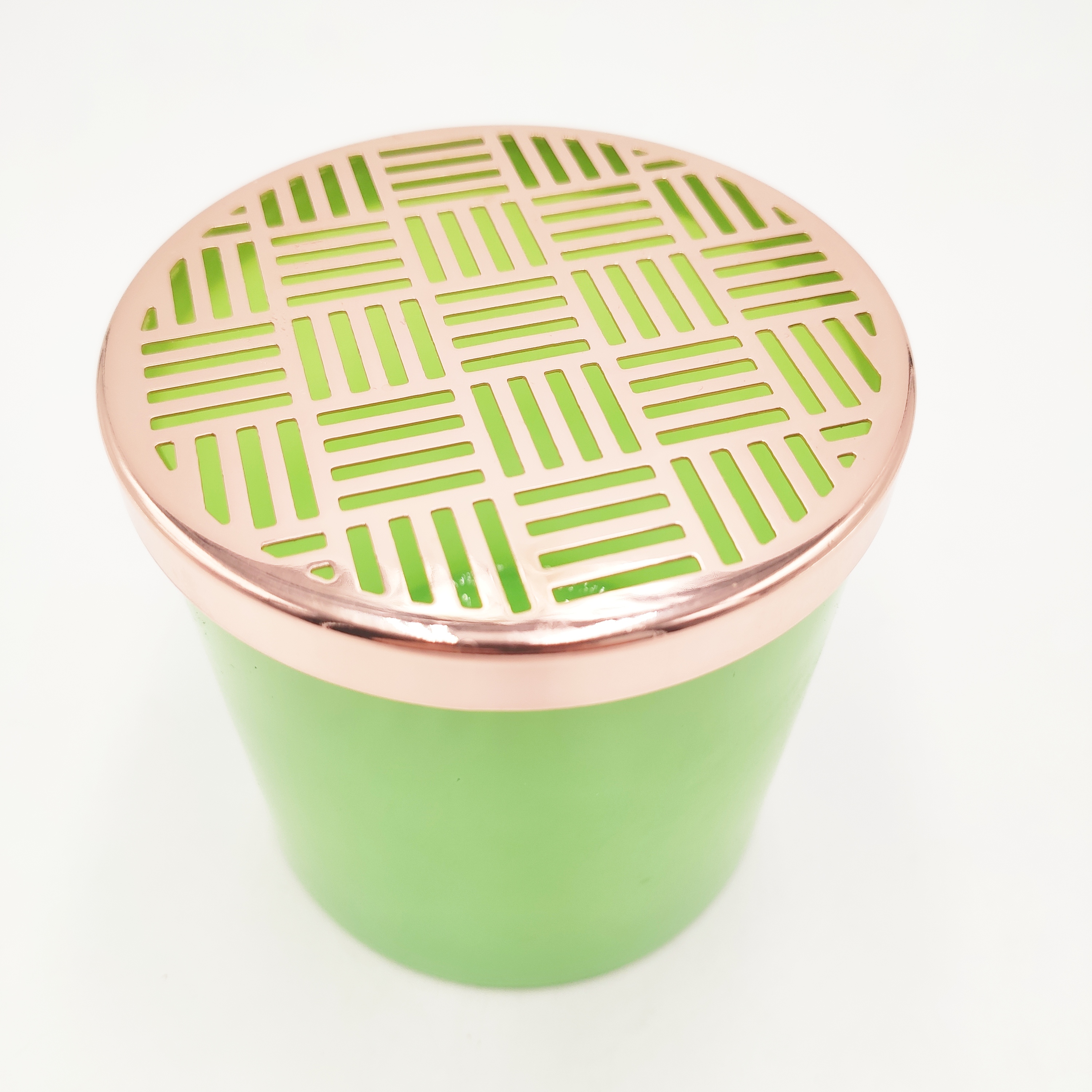 10cm height light green color glass candle jar with unique hollow-out metal lid