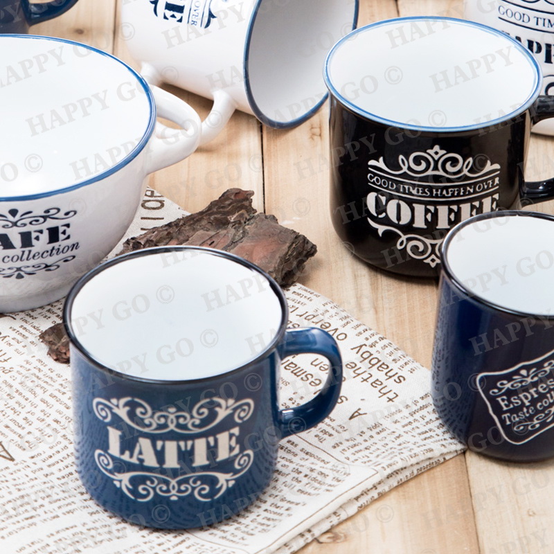 Customized Stoneware mugs imitation of enamel with cofee latte cappucino etc printing
